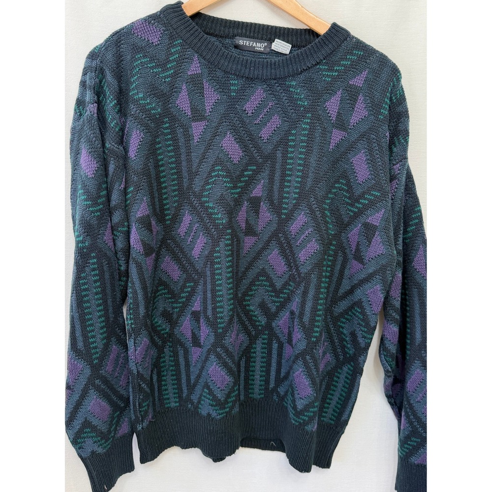 Vintage Stefano Man 80s Geometric Abstract Knit Sweater Purple Teal Mens Large